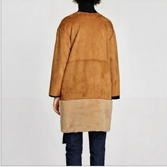 Zara Longline Oversized Faux Suede Sherpa Cognac Camel Jacket - Picture 4 of 15